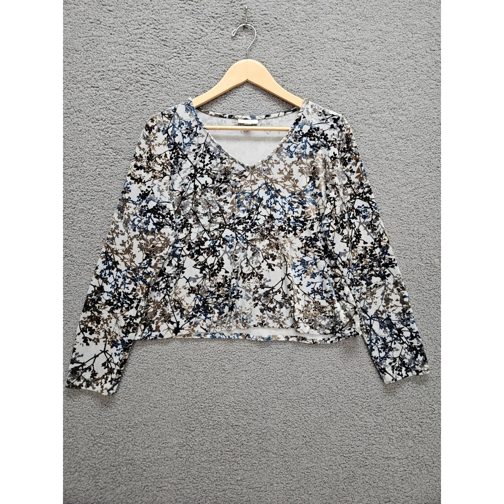 Pure Jill V-Neck Top Small White Floral Branch Print Long Sleeve Velour Velvet